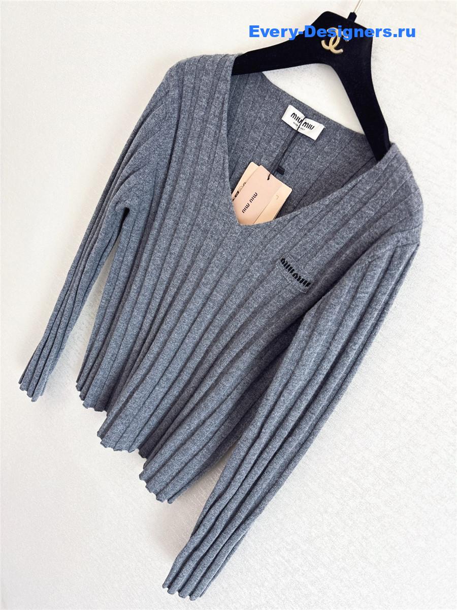Miu Miu Grey Ribbed V-neck Sweater