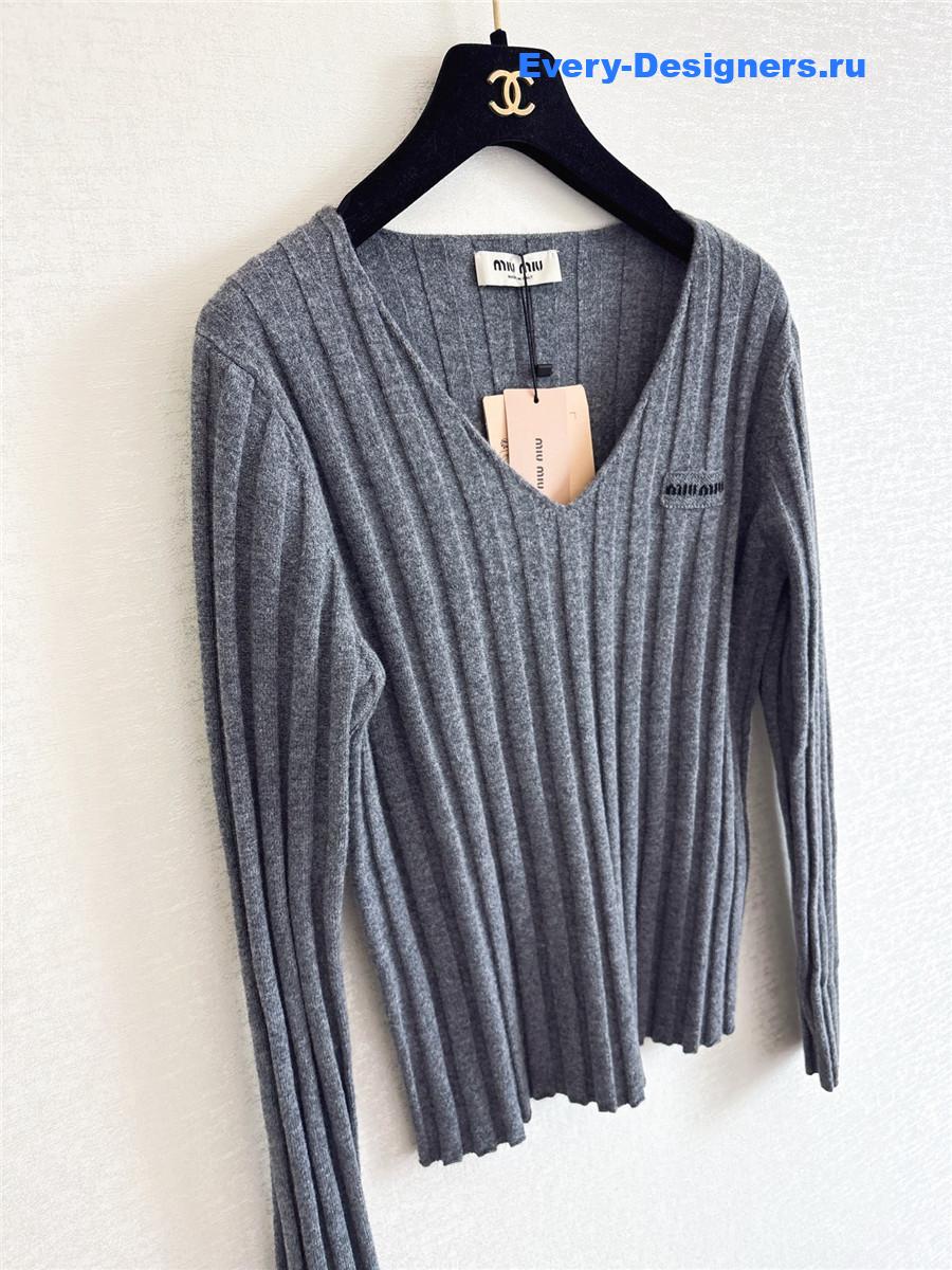 Miu Miu Grey Ribbed V-neck Sweater
