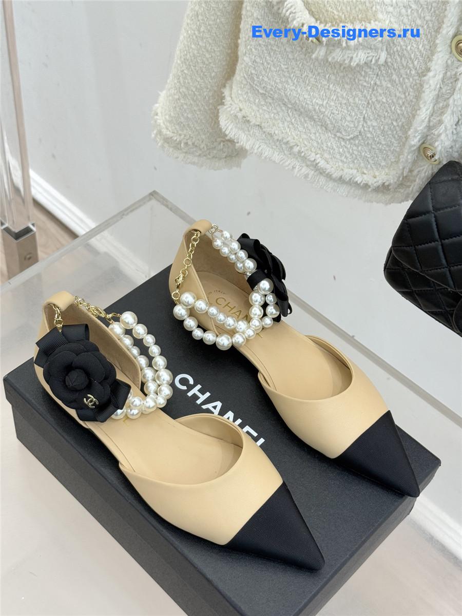 Ch**el pearl camellia beige pointed-toe flat sandals