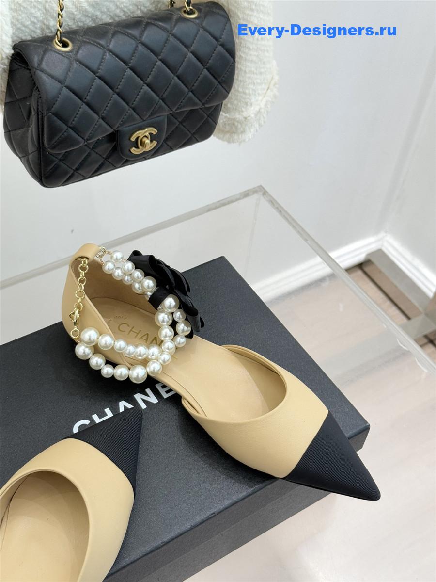 Ch**el pearl camellia beige pointed-toe flat sandals