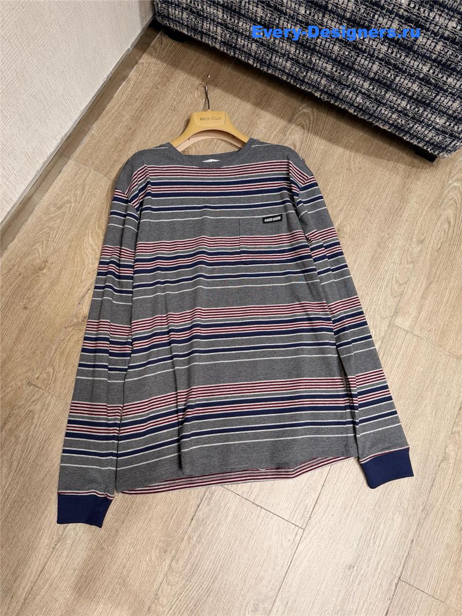Miu Miu Gray Striped Jersey T-Shirt