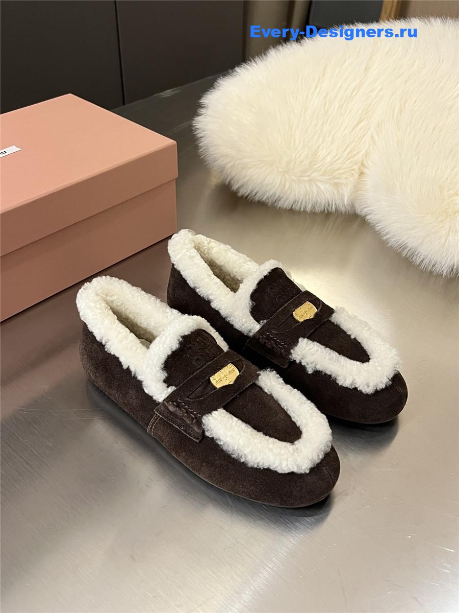 Miu Miu Women Dark Brown Wool Loafers