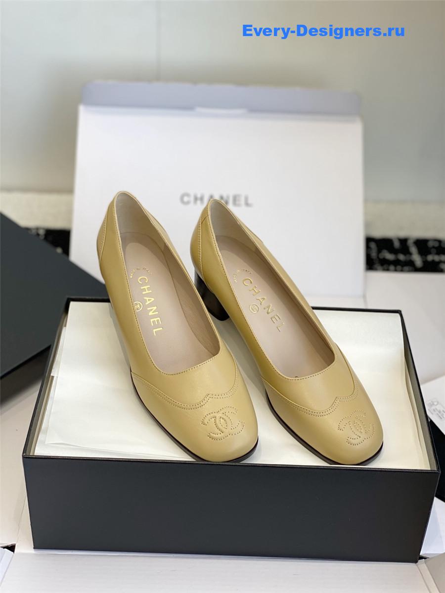 Ch**el beige cap toe block heel pumps