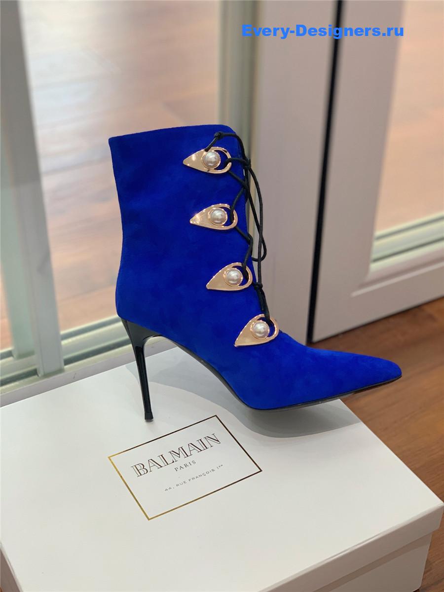Balmain Blue Suede Pointed Toe High Heel Boots