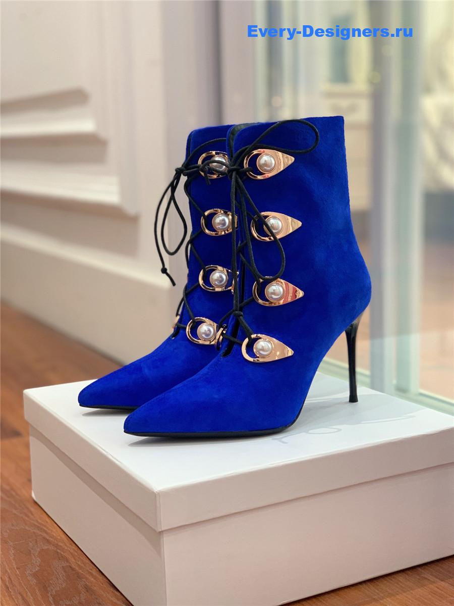 Balmain Blue Suede Pointed Toe High Heel Boots