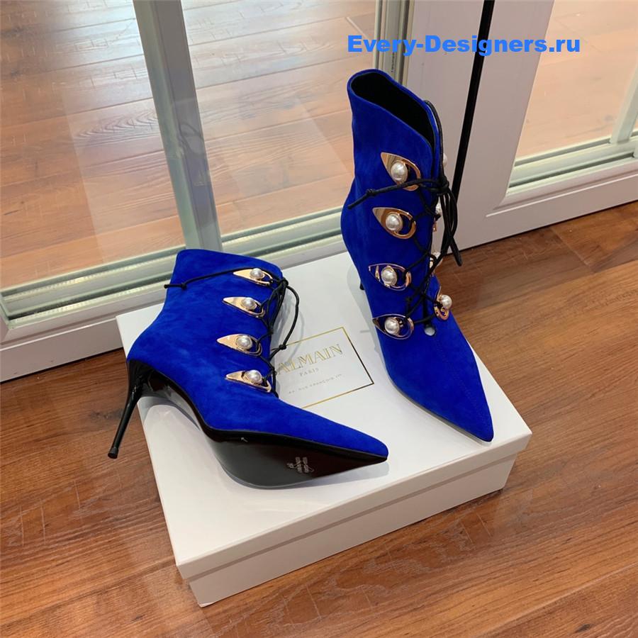 Balmain Blue Suede Pointed Toe High Heel Boots