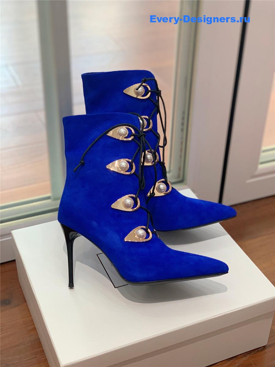 Balmain Blue Suede Pointed Toe High Heel Boots