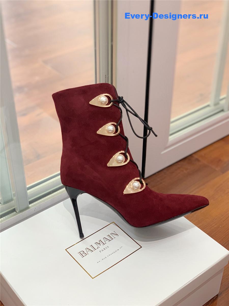 Balmain Burgundy Suede Pointed Toe High Heel Boots