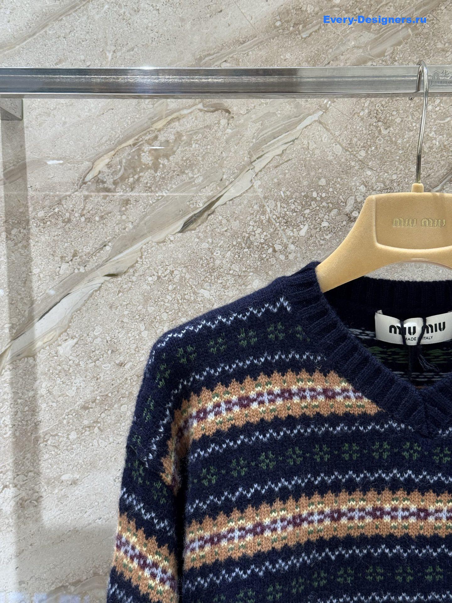 Miu Miu Short Striped V-Neck Knit Sweater