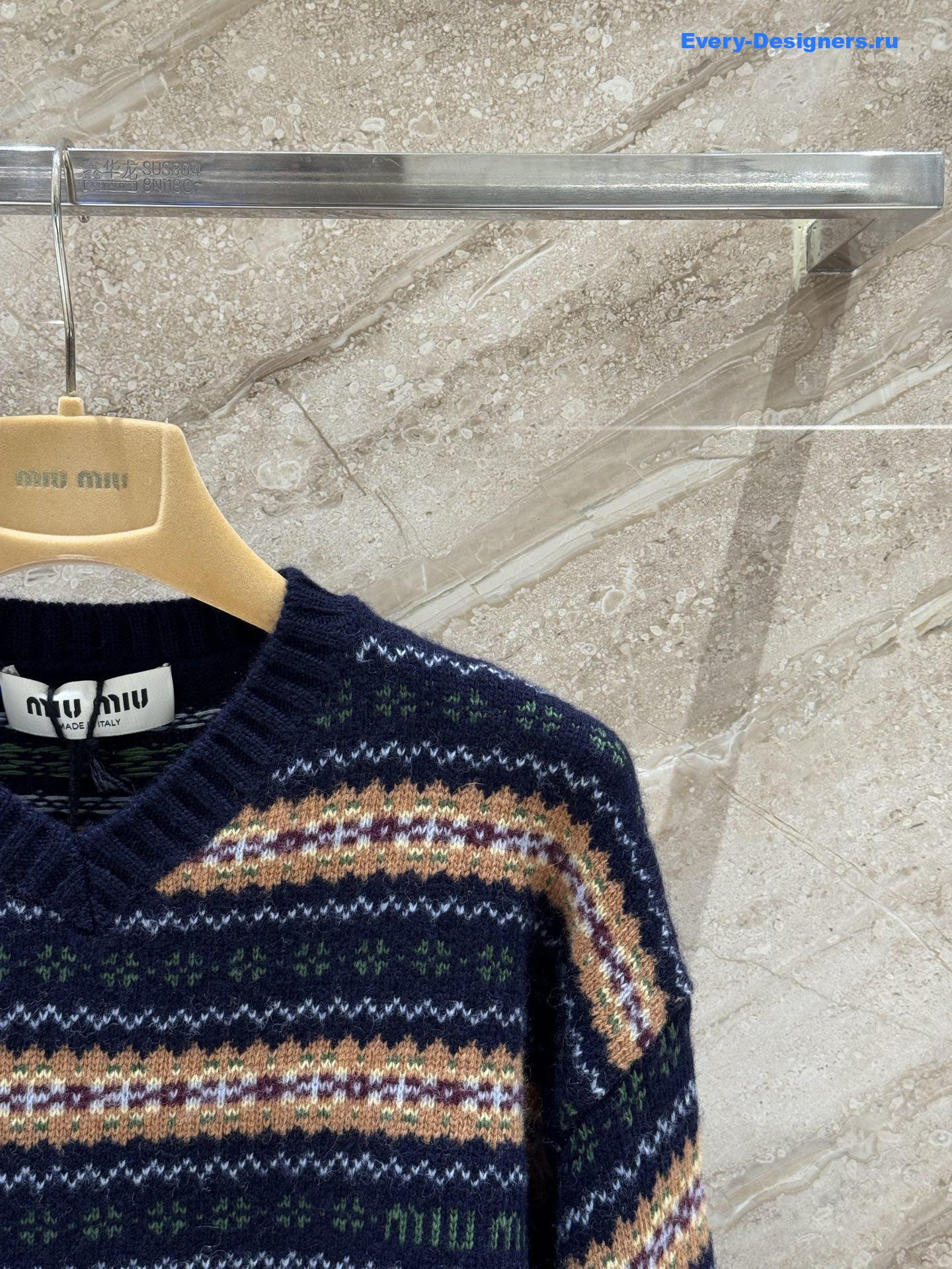 Miu Miu Short Striped V-Neck Knit Sweater