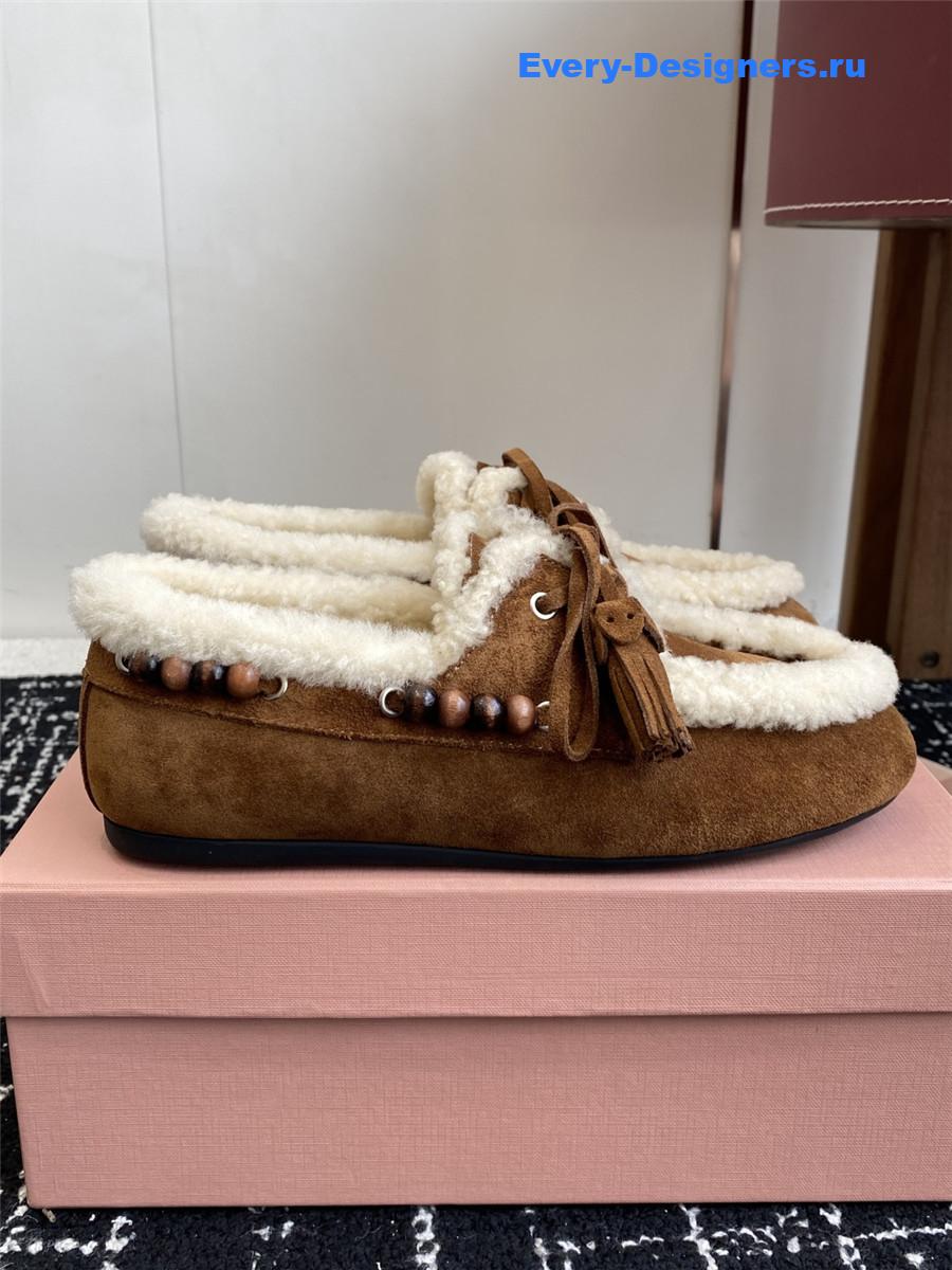Miu Miu Brown Suede Shearling Lace-up Moccasins