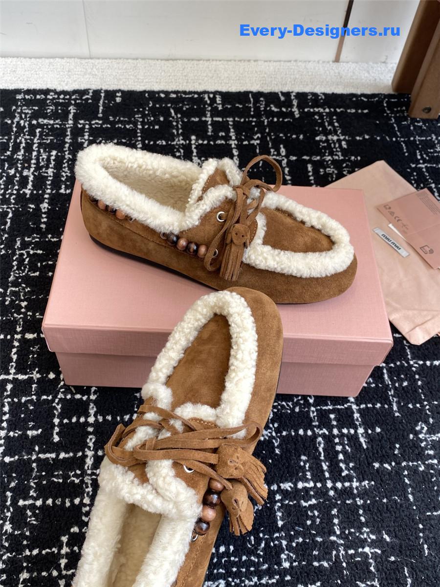 Miu Miu Brown Suede Shearling Lace-up Moccasins