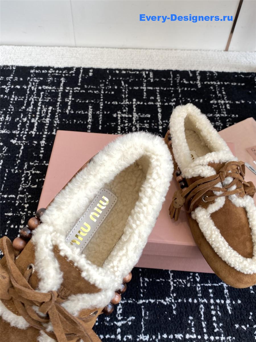 Miu Miu Brown Suede Shearling Lace-up Moccasins