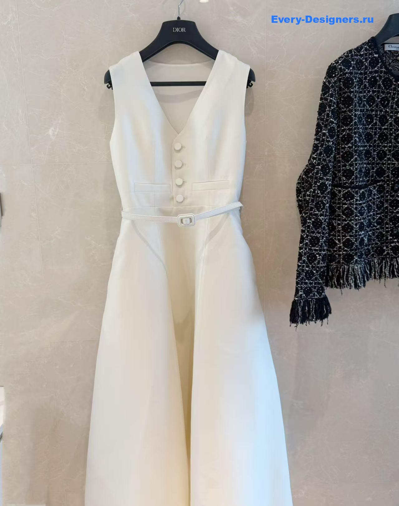 D10r belt white wool mid-length flared dress
