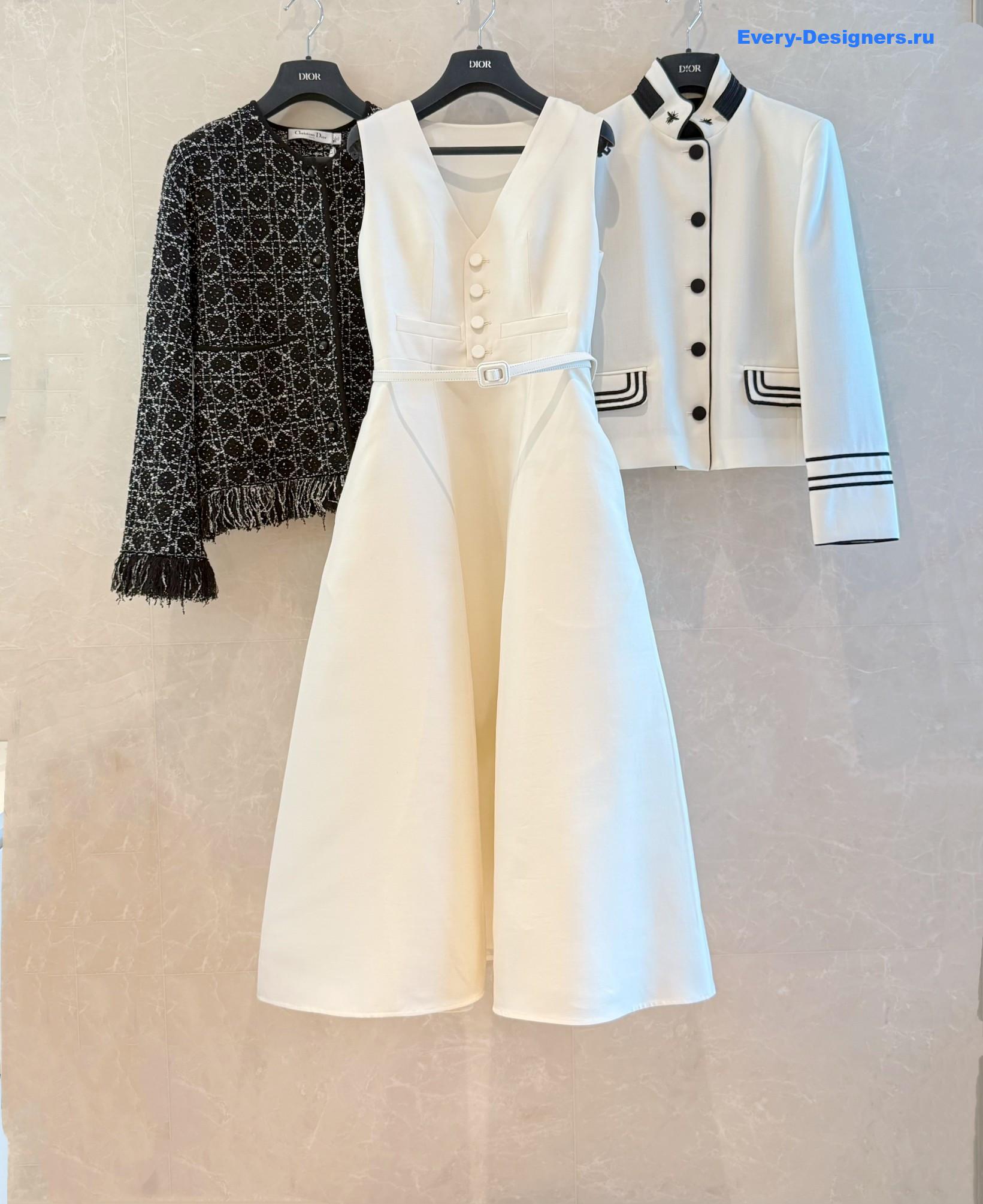 D10r belt white wool mid-length flared dress