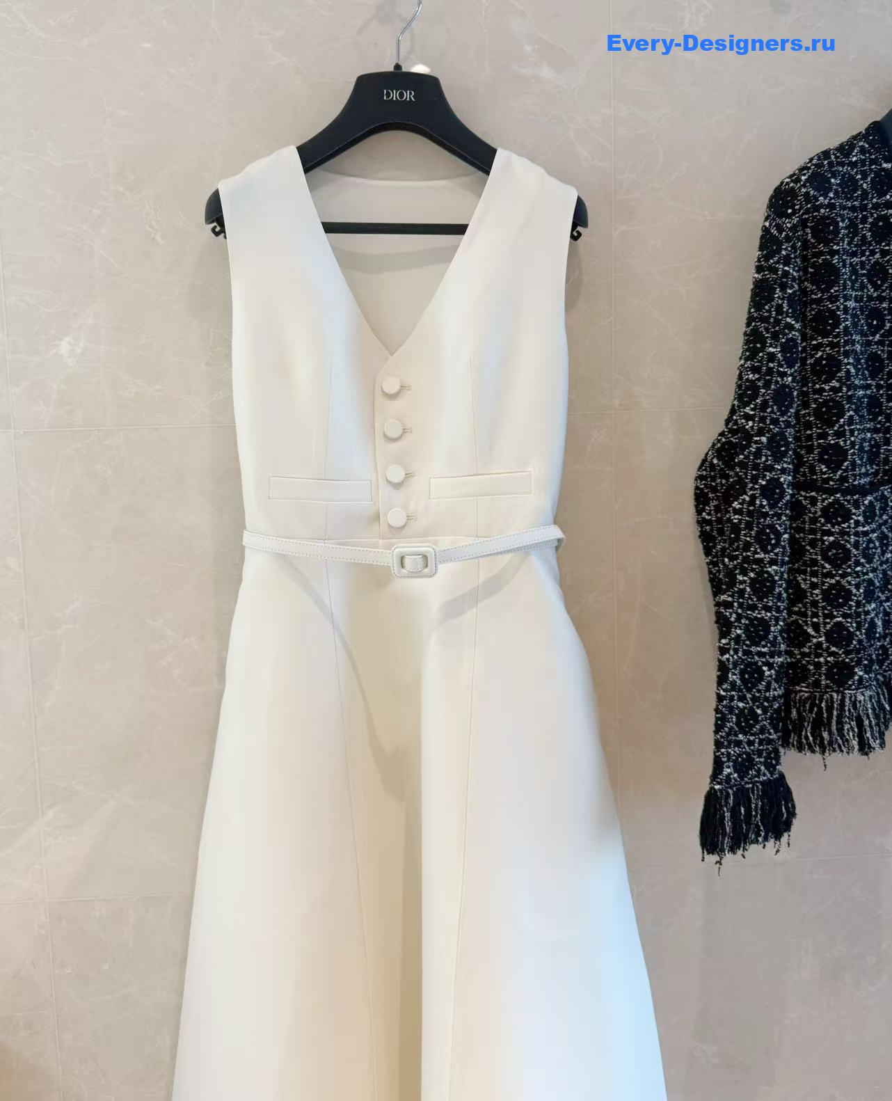 D10r belt white wool mid-length flared dress