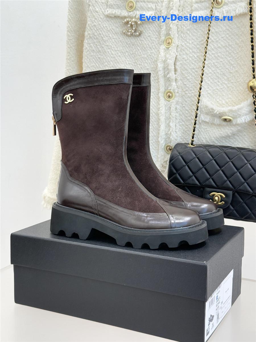 Ch**el brown calfskin suede mid boots