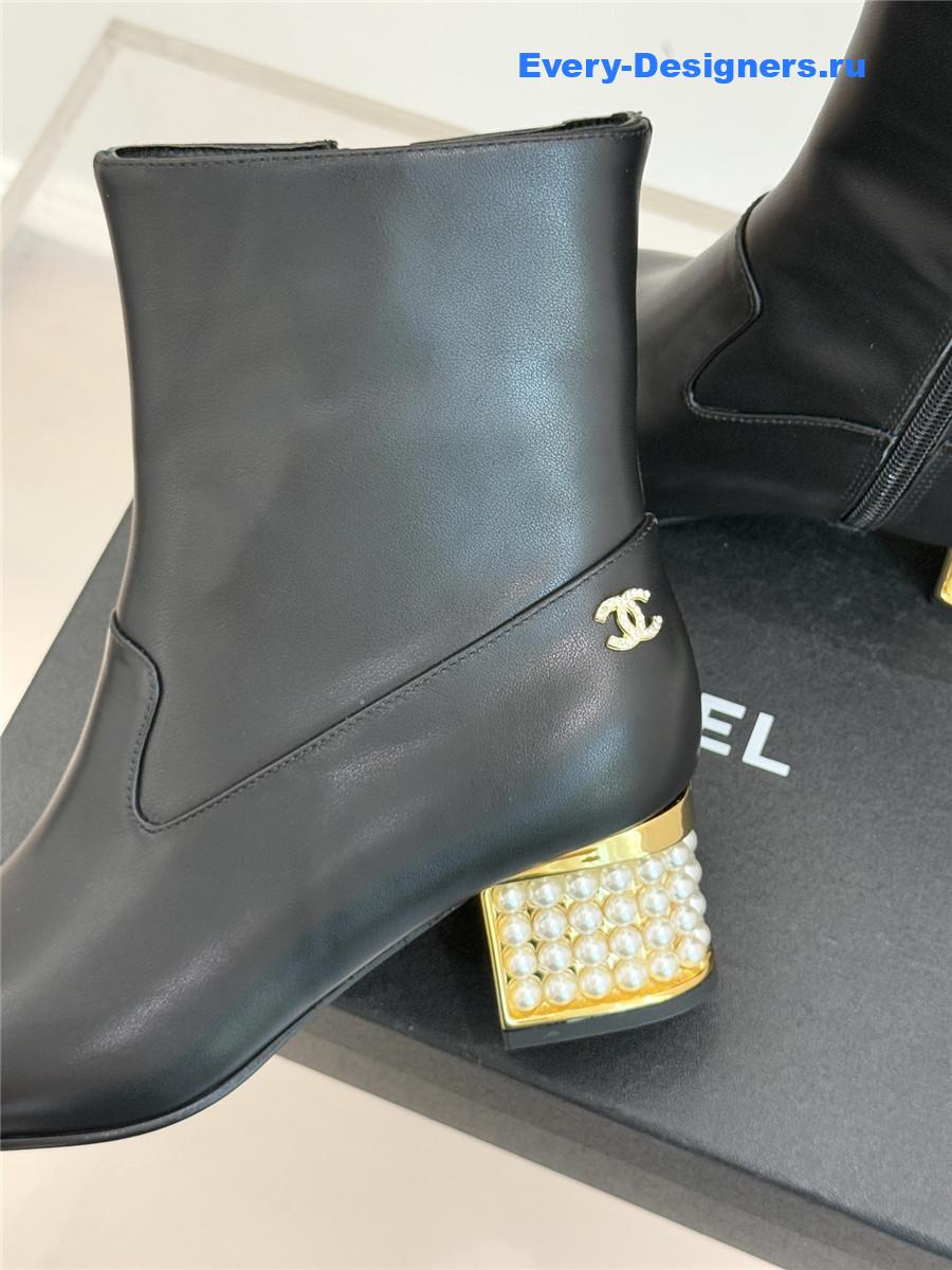 Ch**el black pearl chunky heel ankle boots