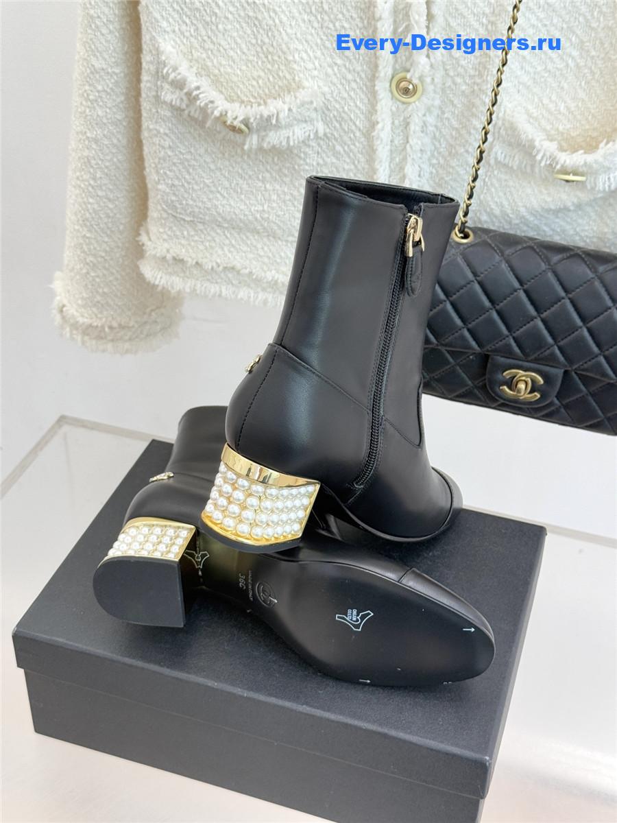 Ch**el black pearl chunky heel ankle boots