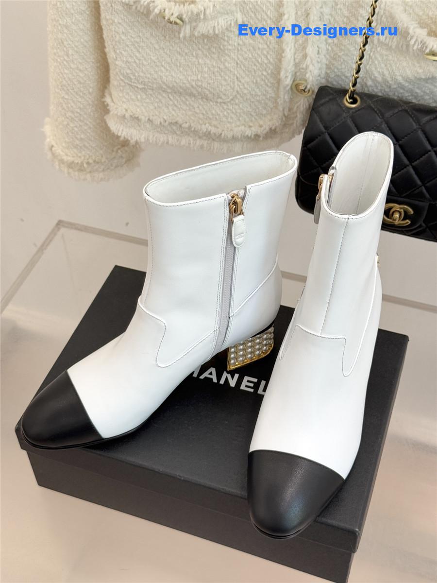 Ch**el white pearl chunky heel ankle boots