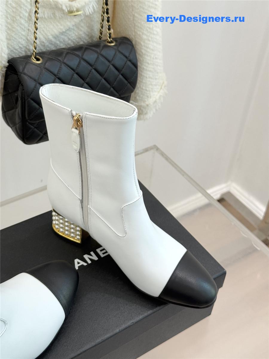 Ch**el white pearl chunky heel ankle boots