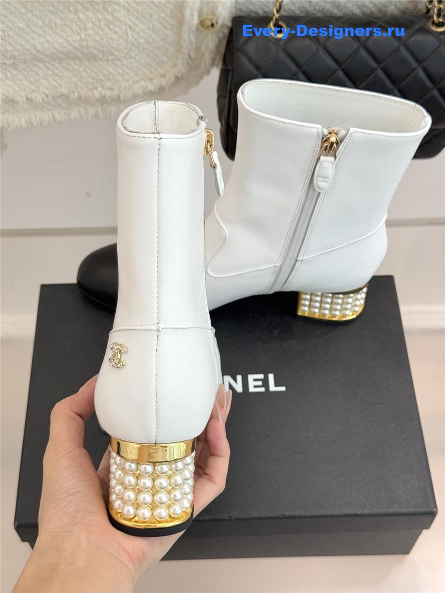 Ch**el white pearl chunky heel ankle boots
