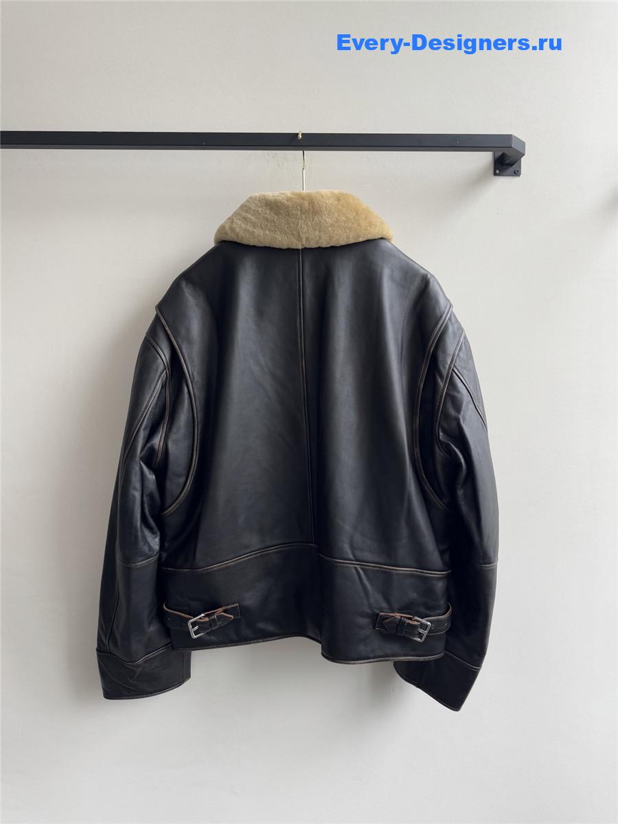 Miu Miu Black Lamb Shearling Collar Leather Jacket