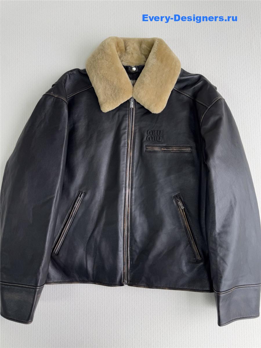 Miu Miu Black Lamb Shearling Collar Leather Jacket