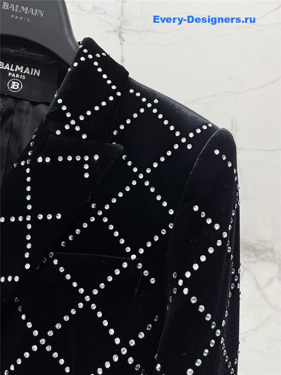Balmain Black Velvet Rhinestone Quilted Blazer