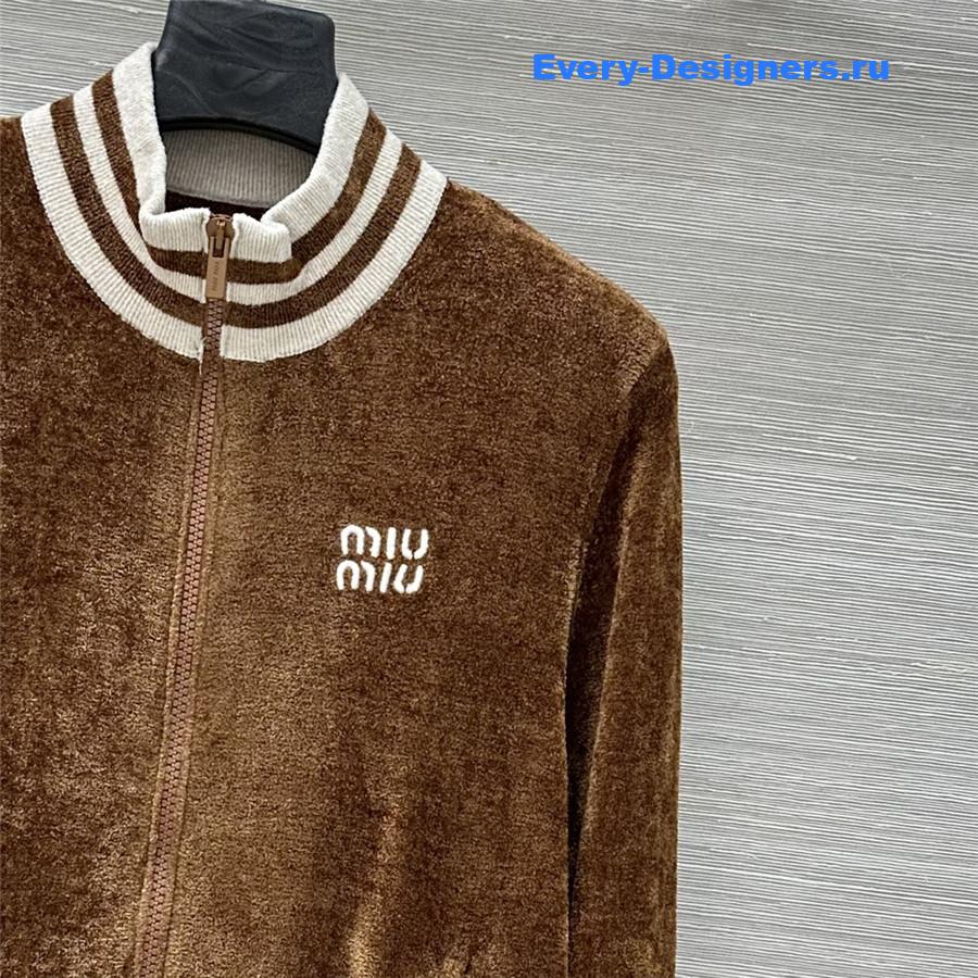 Miu Miu Camel Velvet Zip-up Cardigan