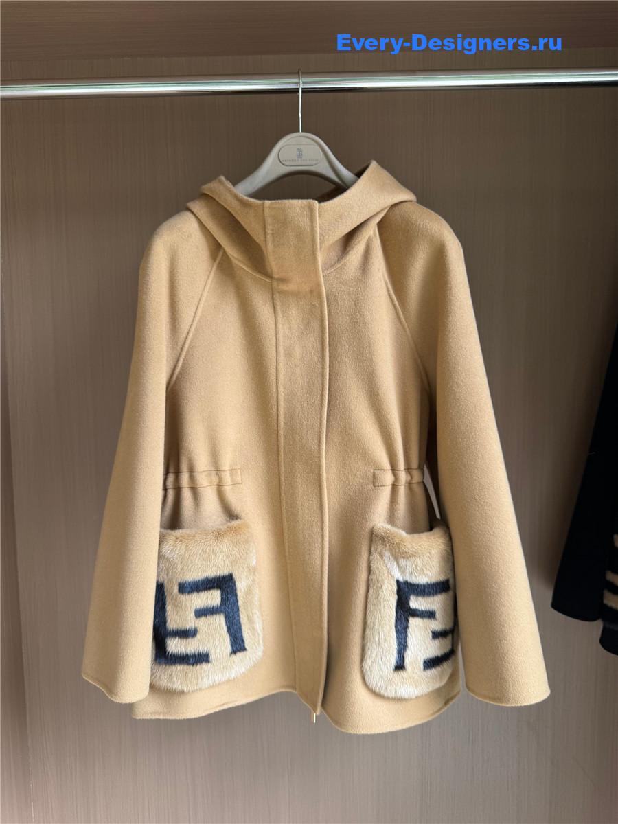 F**di hooded cropped cashmere mink camel coat