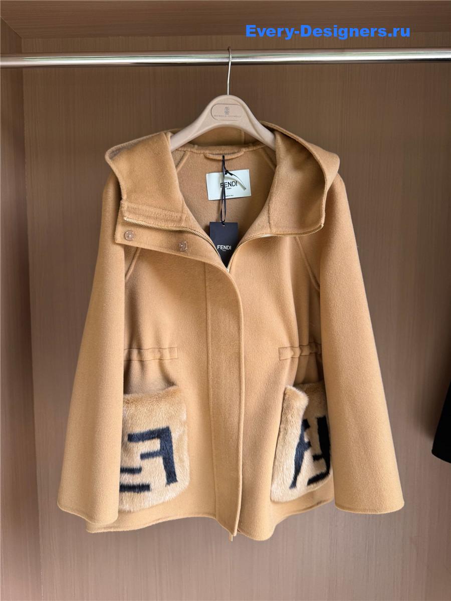 F**di hooded cropped cashmere mink camel coat