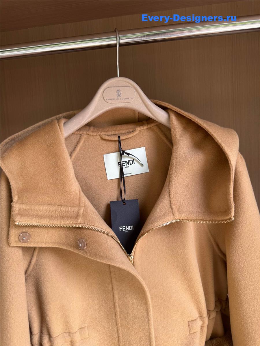F**di hooded cropped cashmere mink camel coat