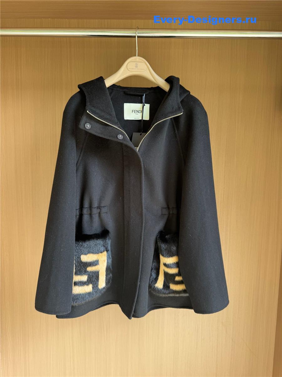 F**di hooded cropped cashmere mink black coat