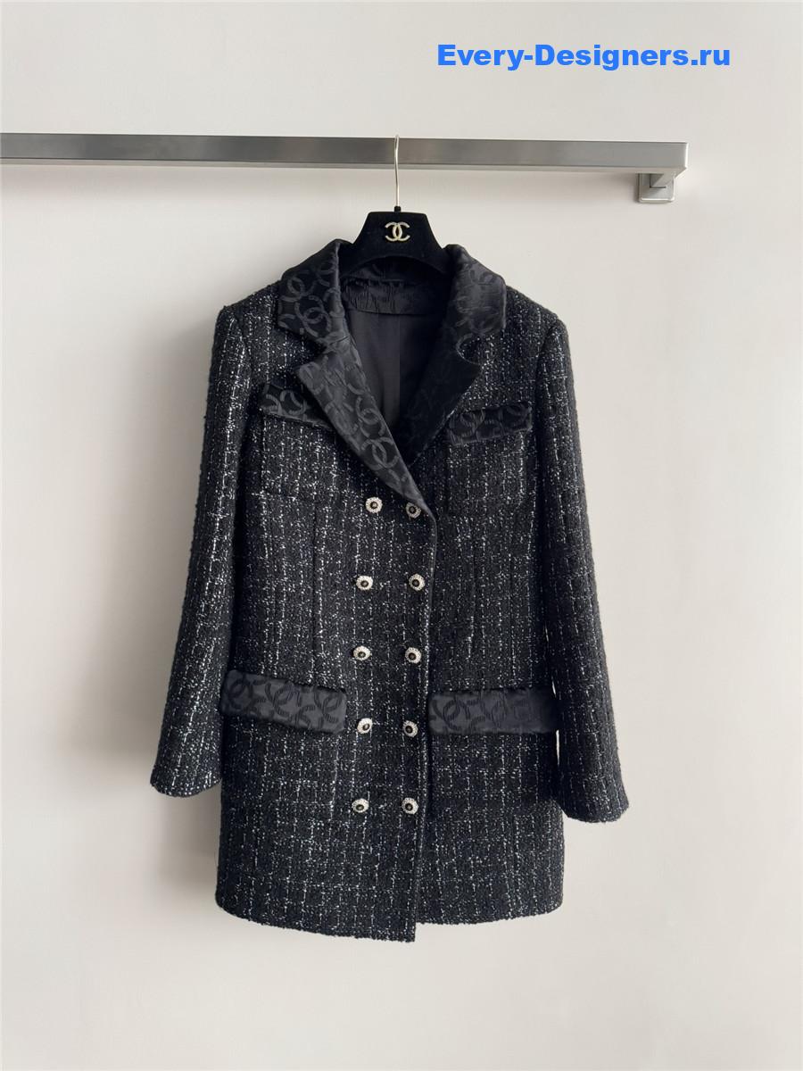 Ch**el black lapel collar tweed jacket