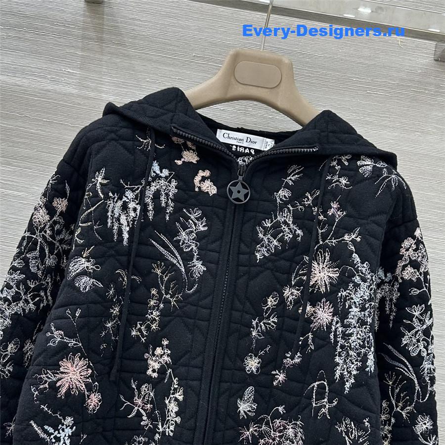 D10r black floral embroidered quilted hooded jacket
