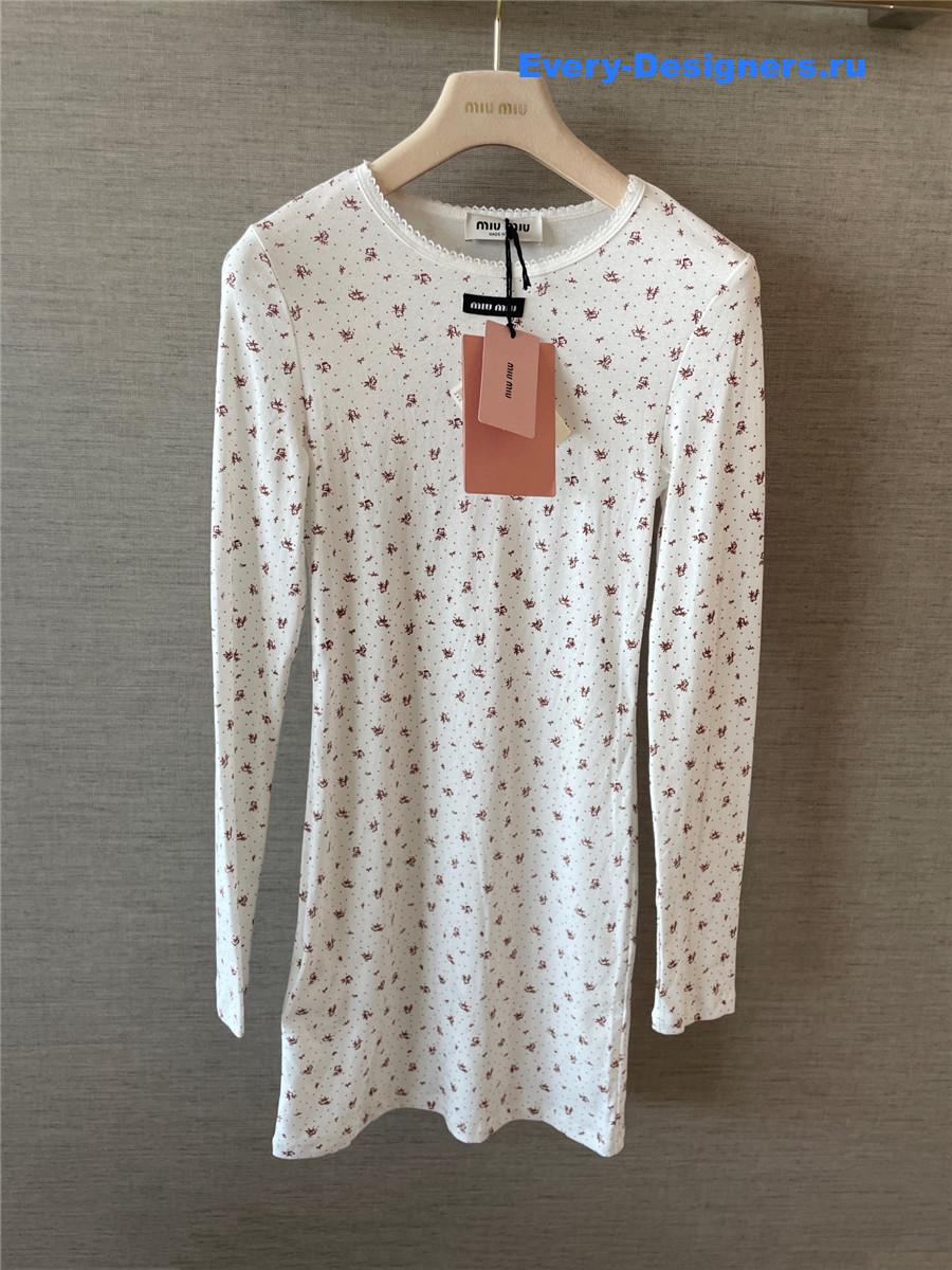 Miu Miu White/tobacco Ribbed Jersey Dress