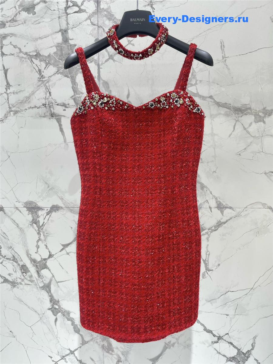 Balmain Rhinestone Red Strapless Dress