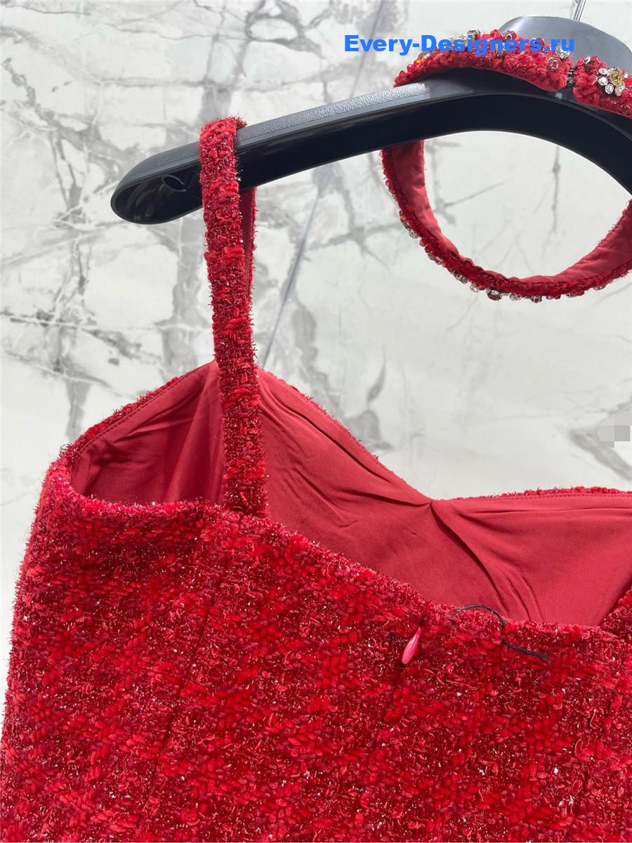 Balmain Rhinestone Red Strapless Dress