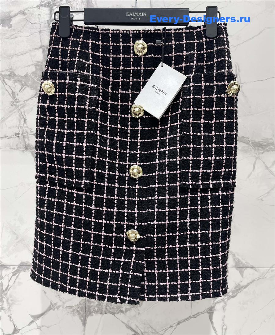 Balmain Paris Black Plaid Tweed Midi Skirt