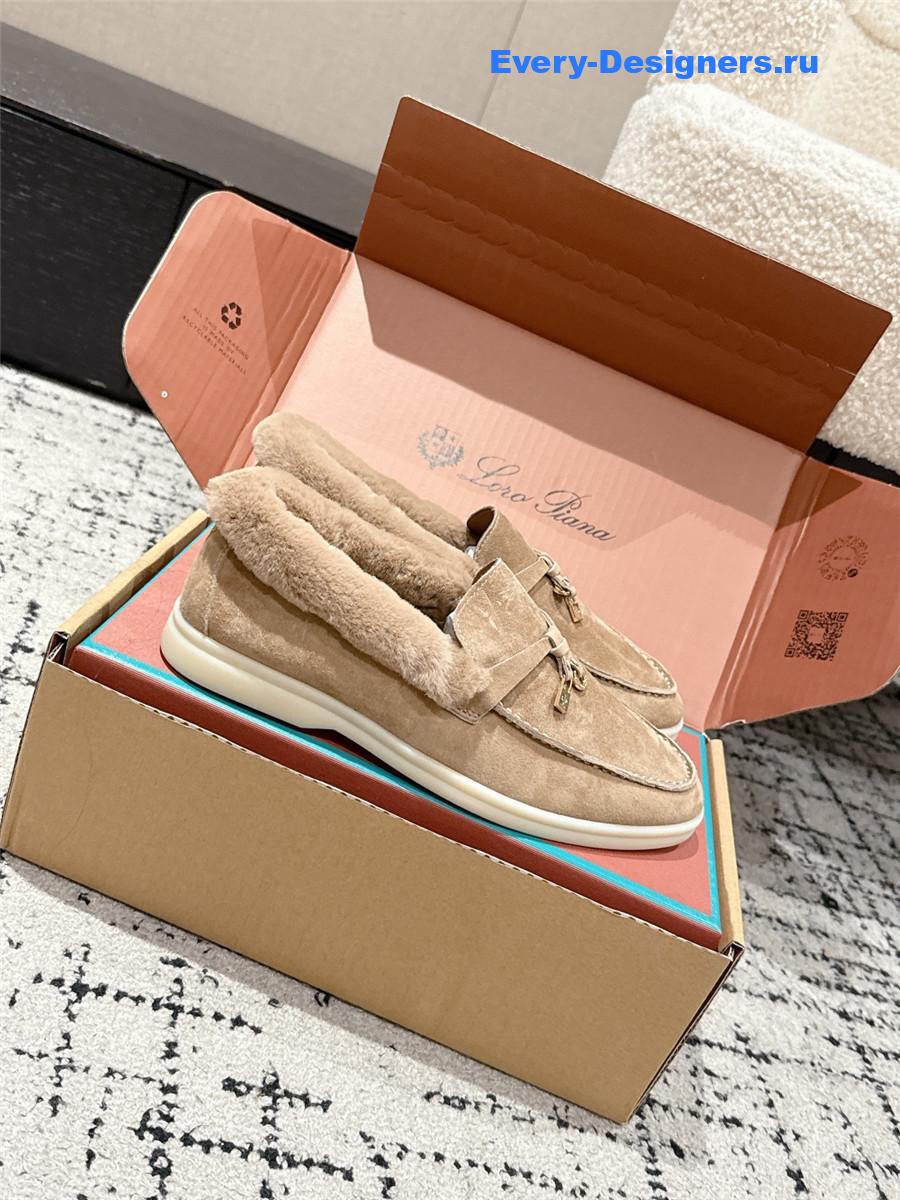 L0r0 P1ana beige shearling-trim suede loafers