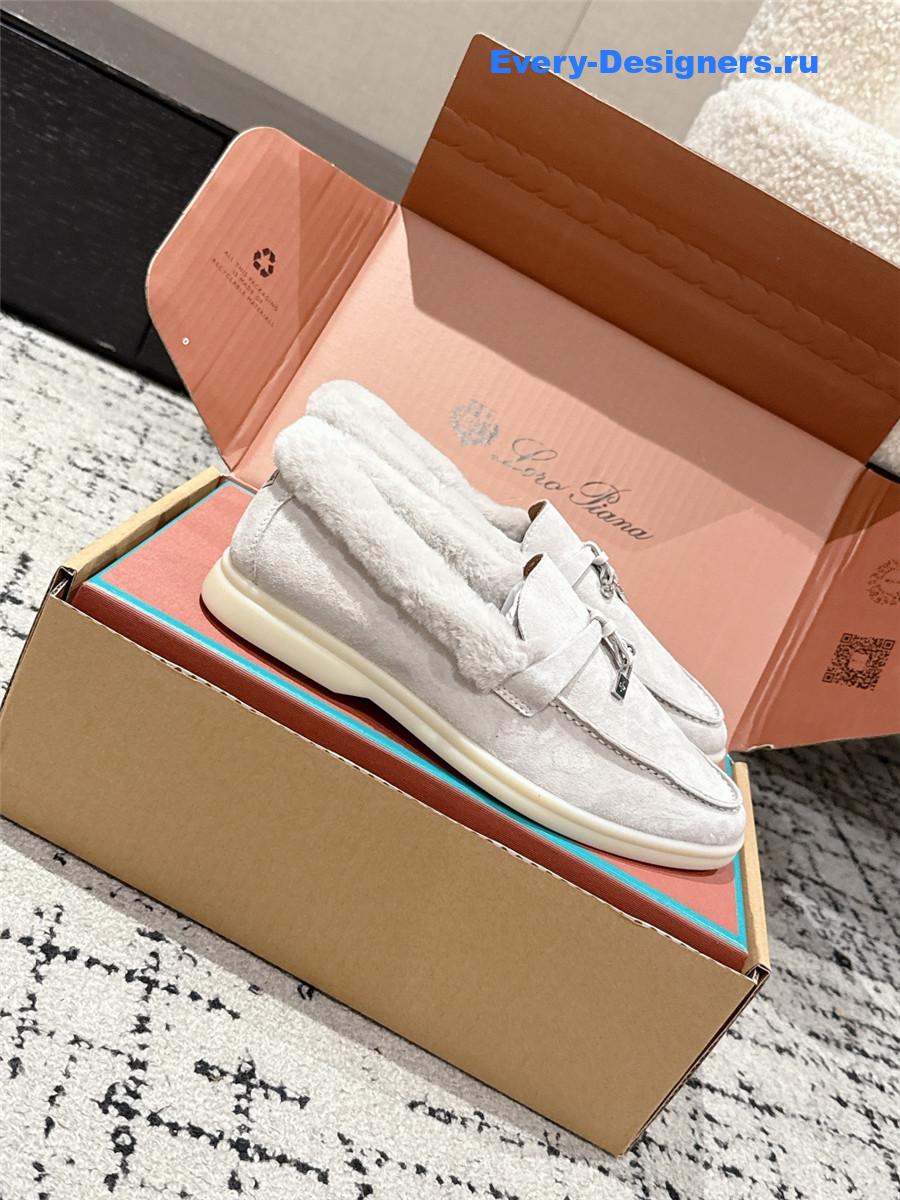 L0r0 P1ana light gray shearling-trim suede loafers