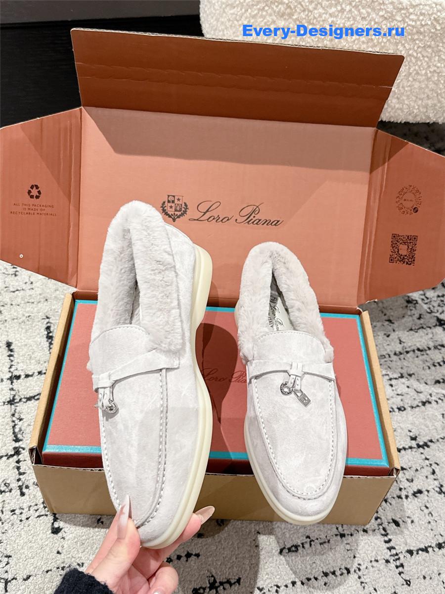 L0r0 P1ana light gray shearling-trim suede loafers