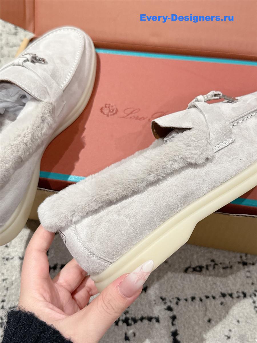L0r0 P1ana light gray shearling-trim suede loafers